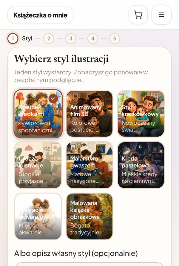 Krok 1 na telefonie: wybór spośród ośmiu stylów ilustracji, zaznaczony styl „Rysunek kredkami”