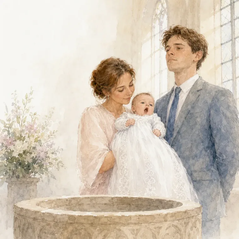 Mama trzyma Lotte w białej szatce przy chrzcielnicy, obok stoi tata