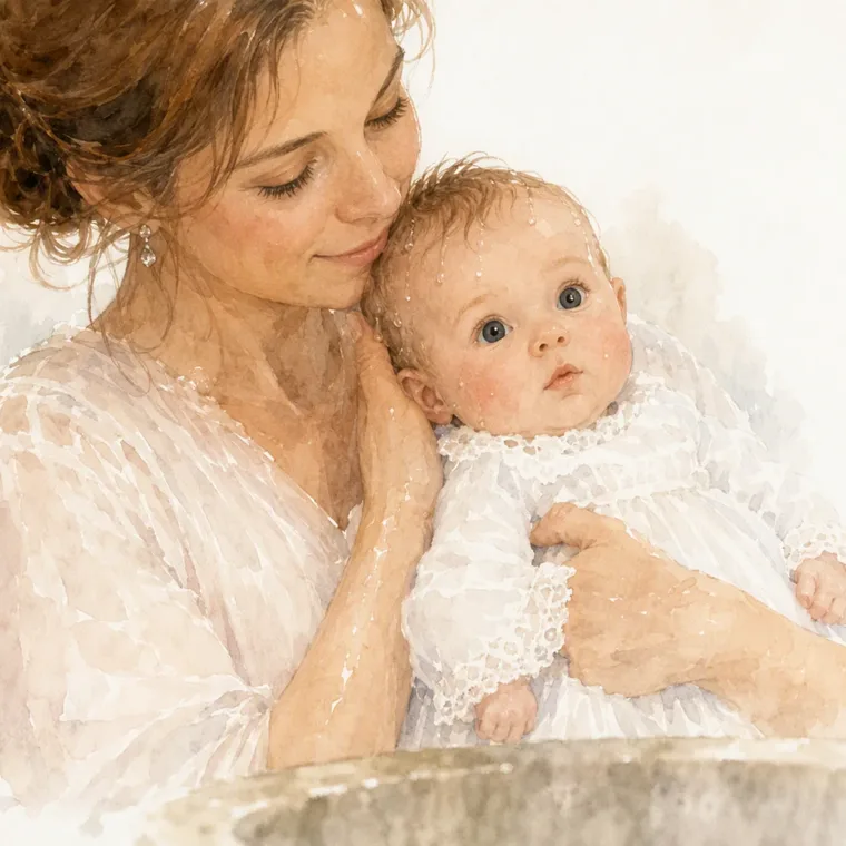 Mama tuli Lotte, której włoski są jeszcze mokre po chrzcie