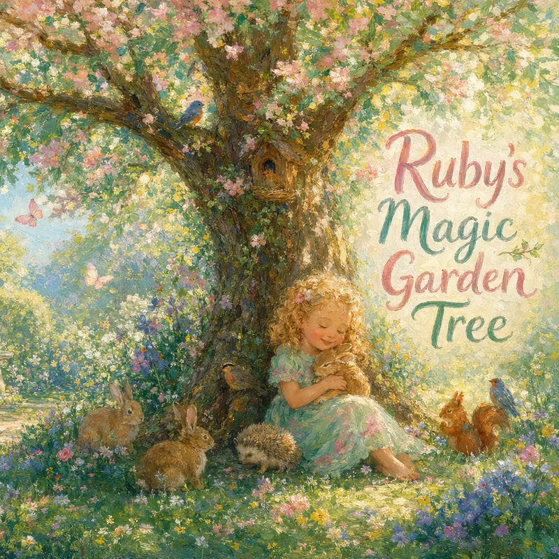 Okładka spersonalizowanej książki dla dzieci Magiczne drzewo w ogrodzie Ruby
